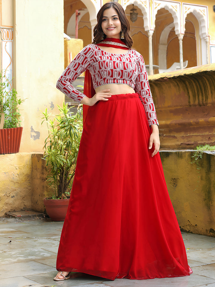ResellerMart Designer Red and White Print Lehenga Choli | Statement Festival and Sangeet Attire