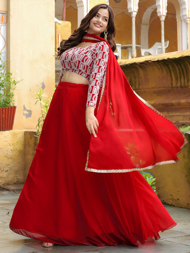 ResellerMart Designer Red and White Print Lehenga Choli | Statement Festival and Sangeet Attire