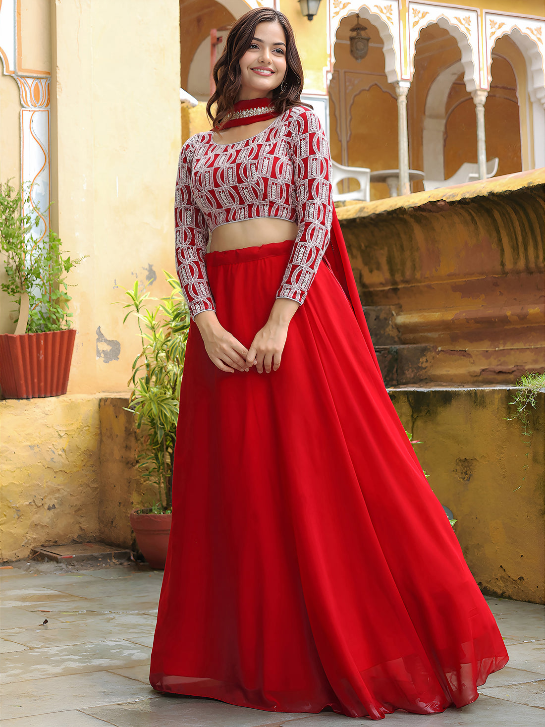 ResellerMart Designer Red and White Print Lehenga Choli | Statement Festival and Sangeet Attire