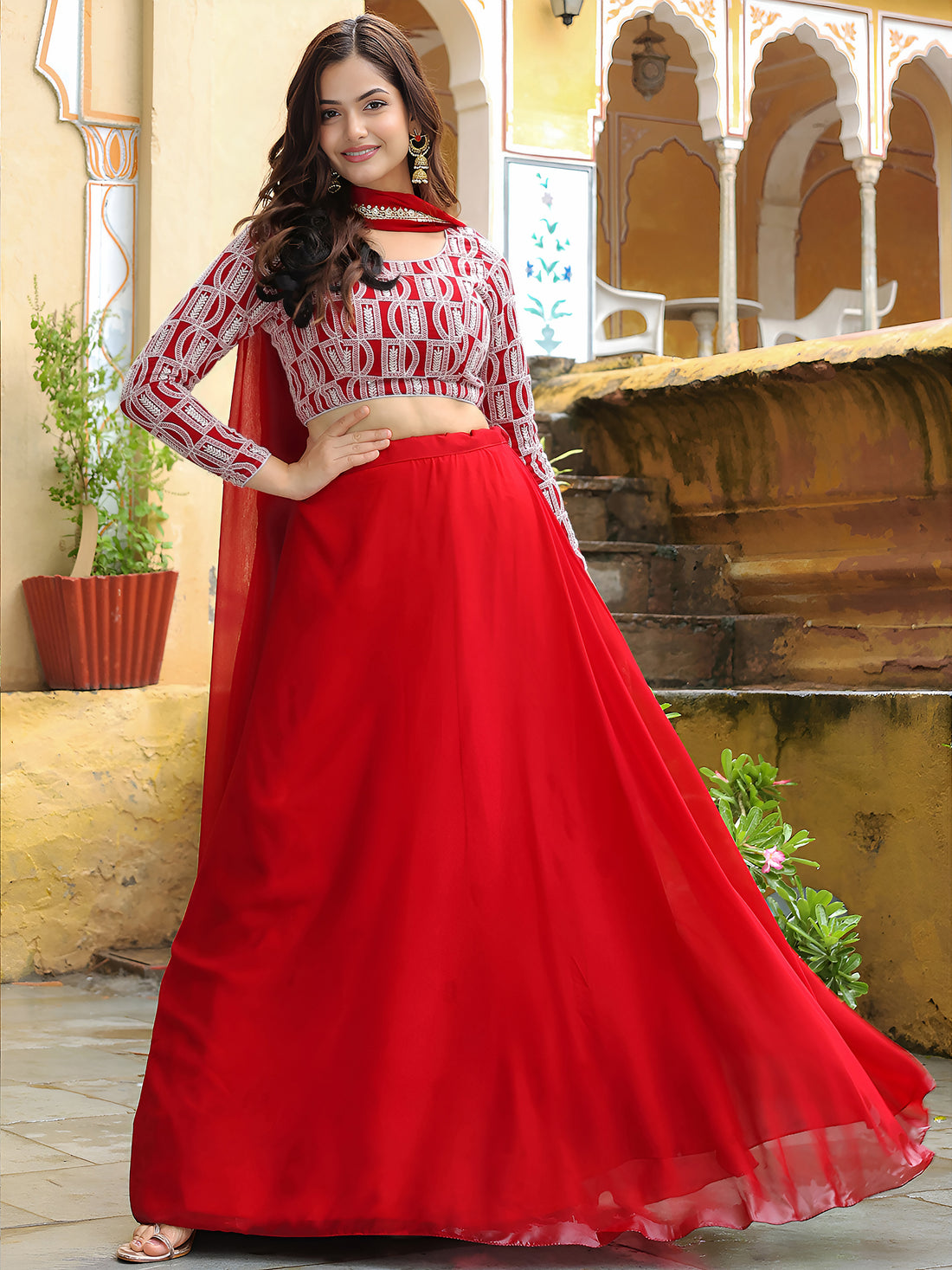 ResellerMart Designer Red and White Print Lehenga Choli | Statement Festival and Sangeet Attire
