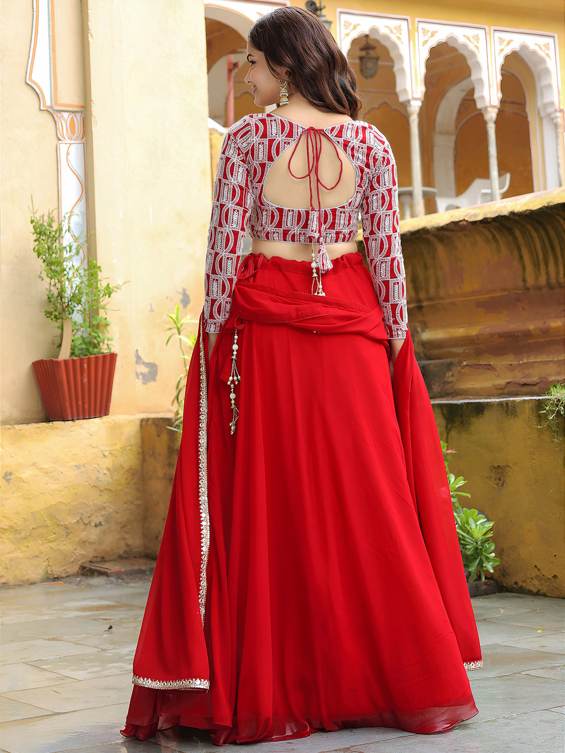 ResellerMart Designer Red and White Print Lehenga Choli | Statement Festival and Sangeet Attire