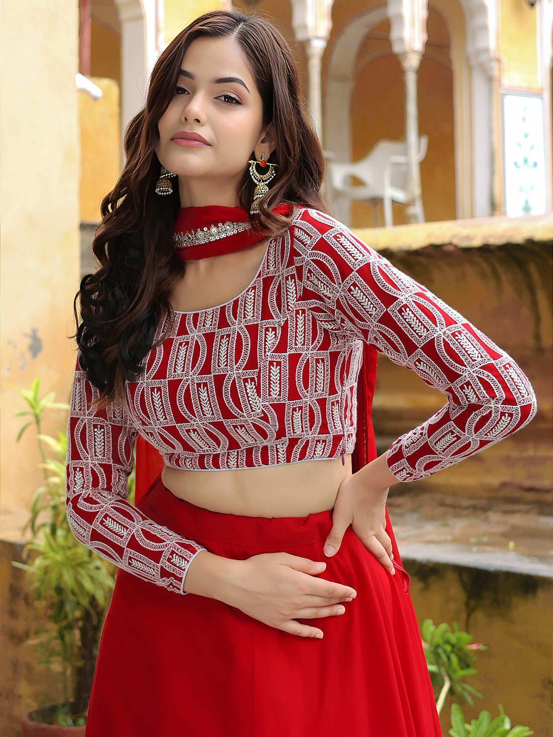 ResellerMart Designer Red and White Print Lehenga Choli | Statement Festival and Sangeet Attire