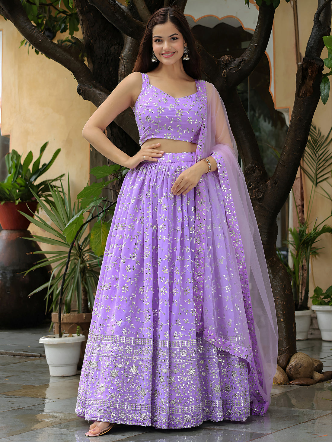 ResellerMart Trending Lavender Net Lehenga Choli with Silver Sequin Work | Pastel Sangeet & Party Wear
