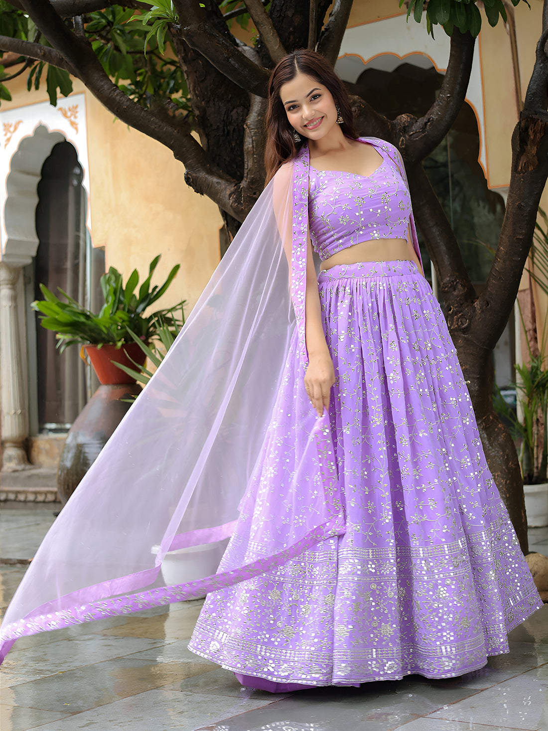 ResellerMart Trending Lavender Net Lehenga Choli with Silver Sequin Work | Pastel Sangeet & Party Wear