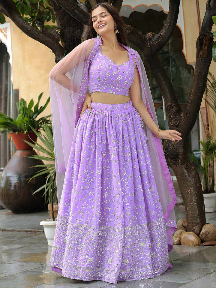 ResellerMart Trending Lavender Net Lehenga Choli with Silver Sequin Work | Pastel Sangeet & Party Wear
