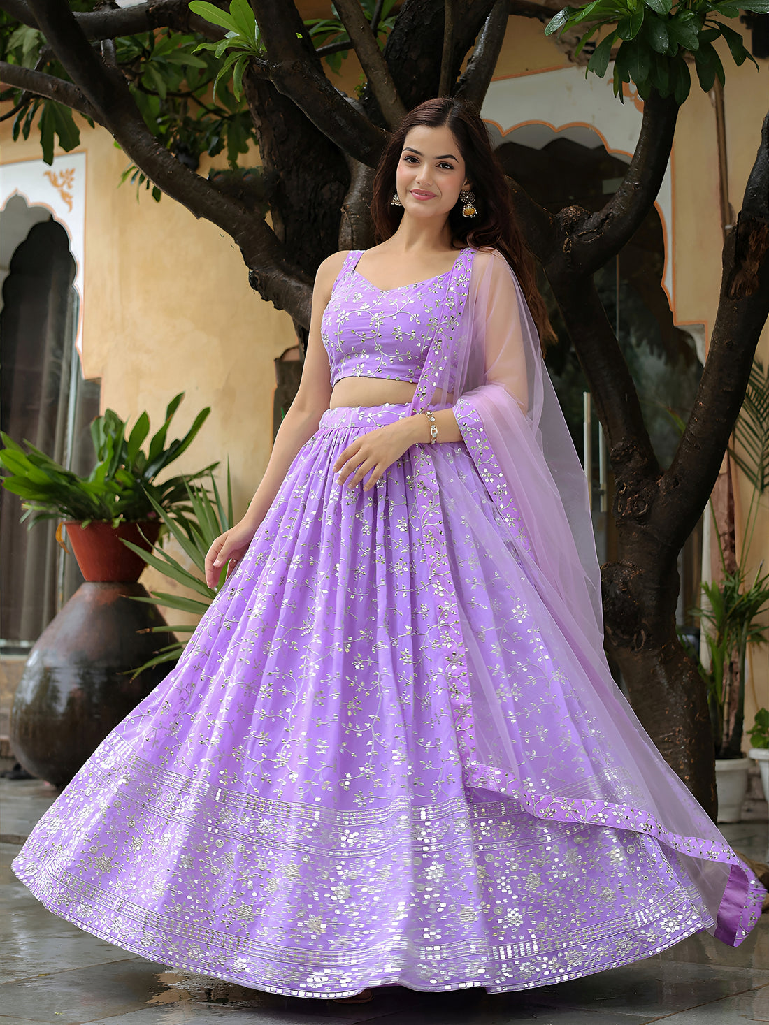 ResellerMart Trending Lavender Net Lehenga Choli with Silver Sequin Work | Pastel Sangeet & Party Wear