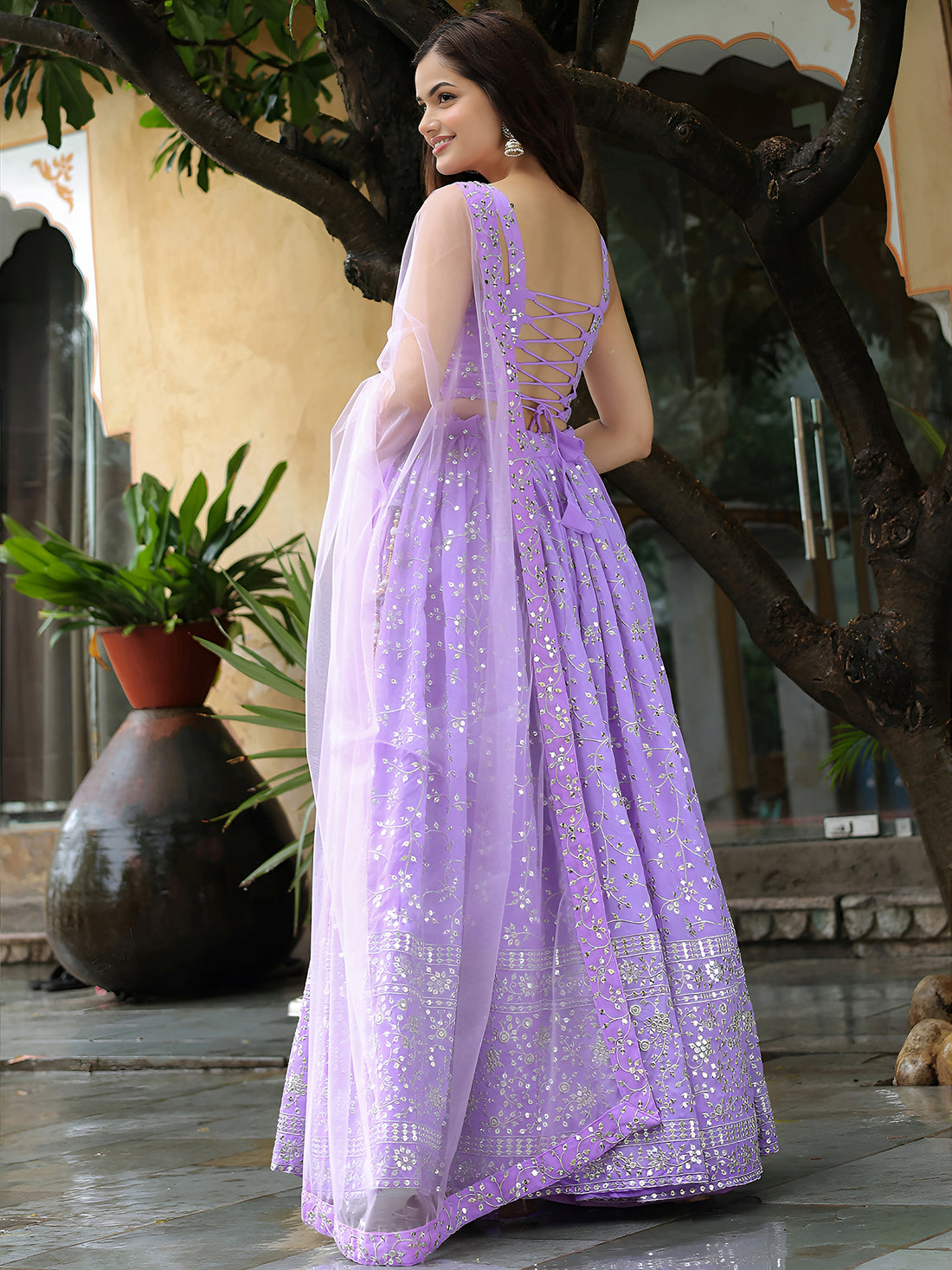 ResellerMart Trending Lavender Net Lehenga Choli with Silver Sequin Work | Pastel Sangeet & Party Wear