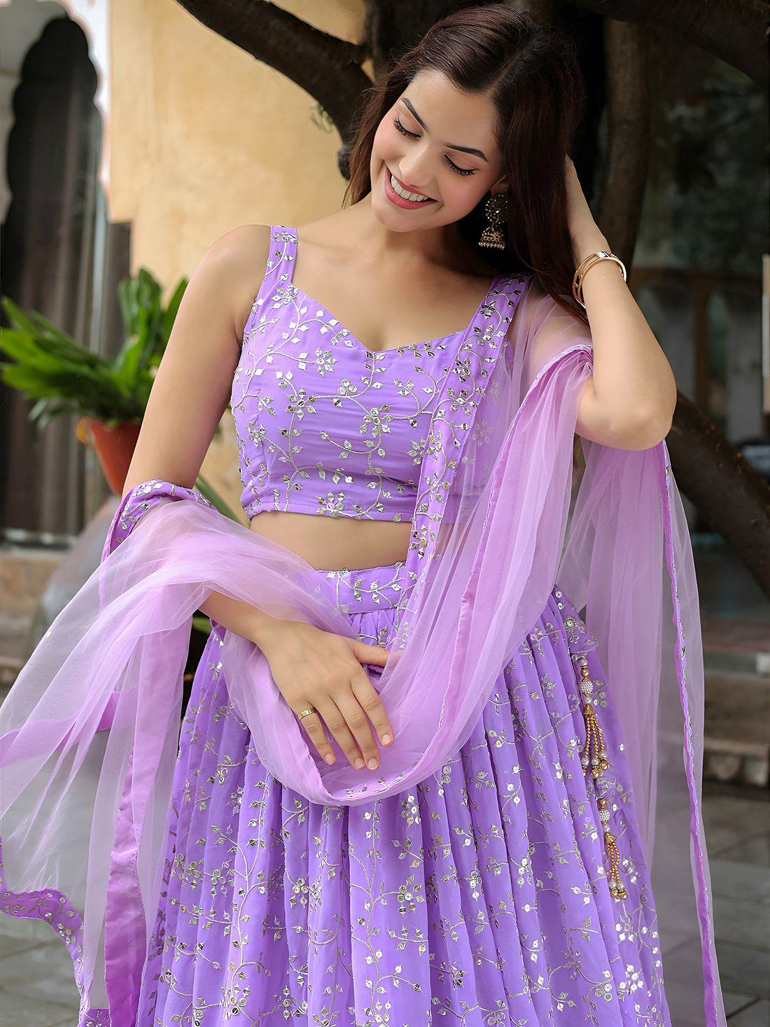 ResellerMart Trending Lavender Net Lehenga Choli with Silver Sequin Work | Pastel Sangeet & Party Wear