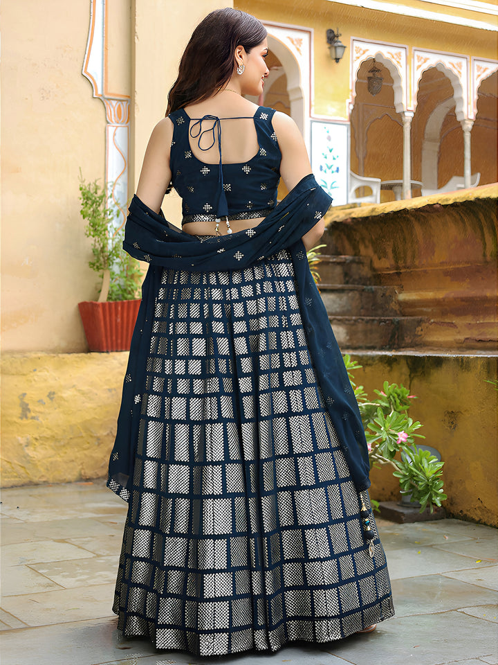 ResellerMart Trending Navy Blue & Silver Georgette Lehenga Choli | Geometric Metallic Print Party Wear