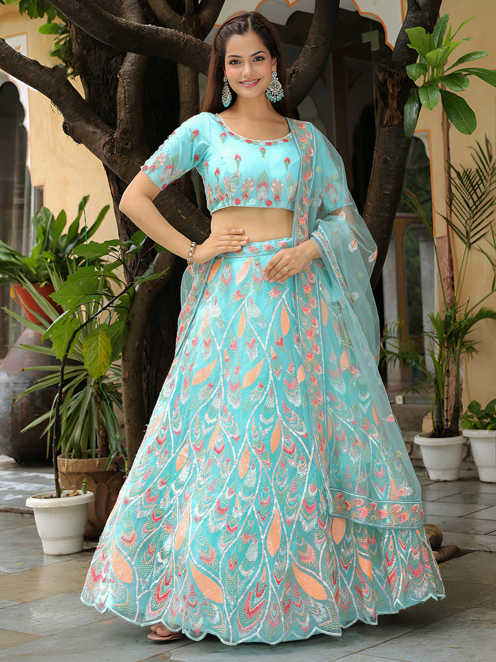 ResellerMart Designer Light Blue Lehenga with Coral and Peach Work | Lightweight Sangeet Collection
