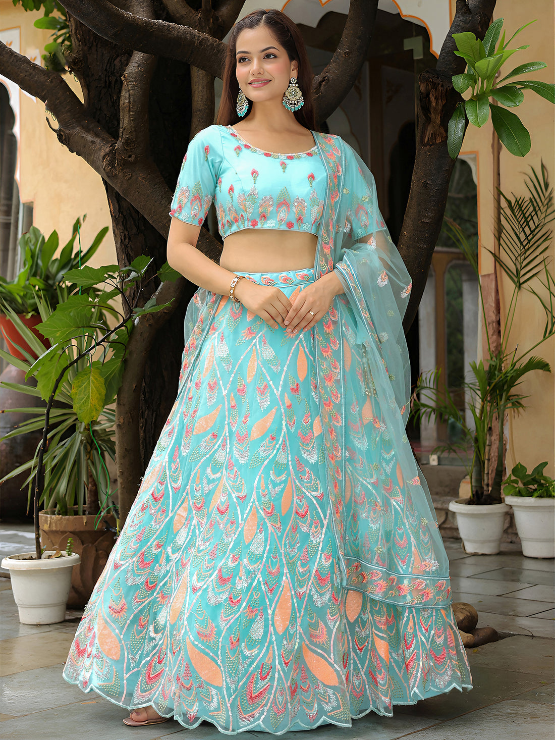 ResellerMart Designer Light Blue Lehenga with Coral and Peach Work | Lightweight Sangeet Collection