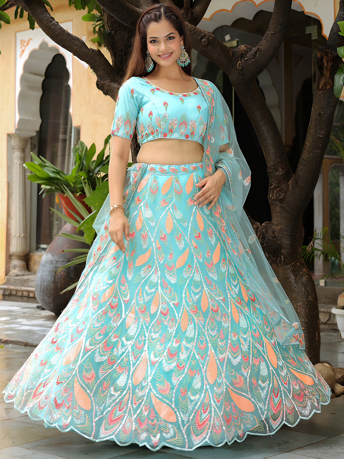 ResellerMart Designer Light Blue Lehenga with Coral and Peach Work | Lightweight Sangeet Collection