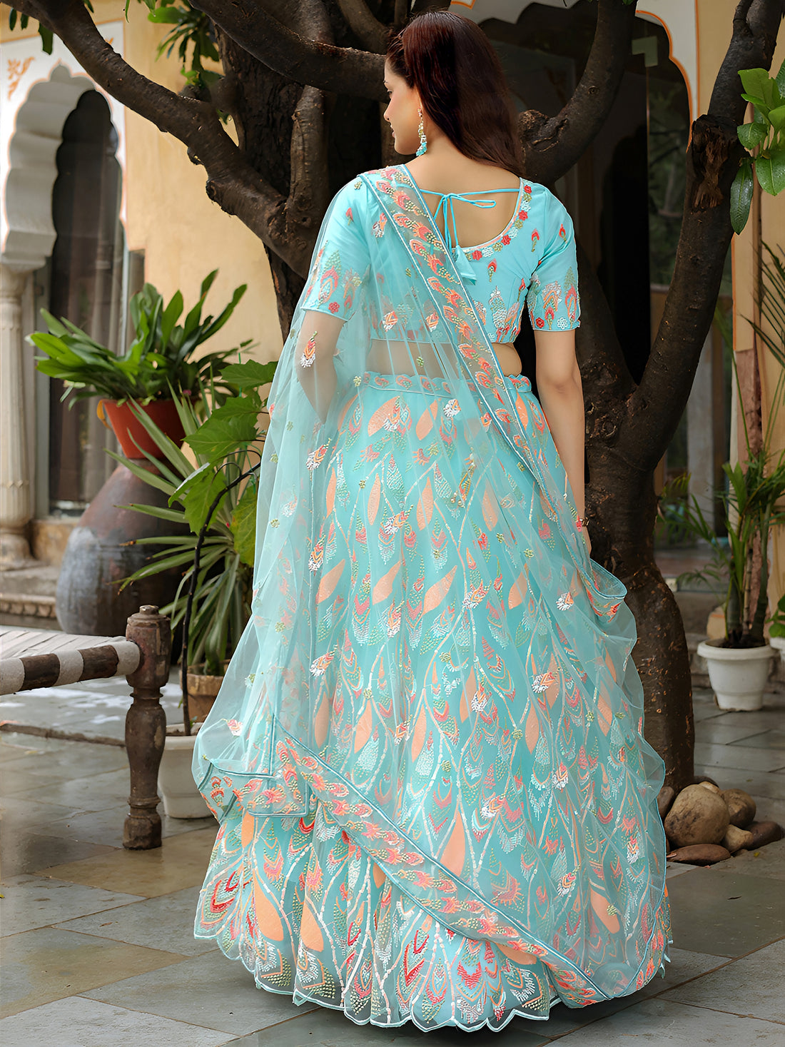 ResellerMart Designer Light Blue Lehenga with Coral and Peach Work | Lightweight Sangeet Collection