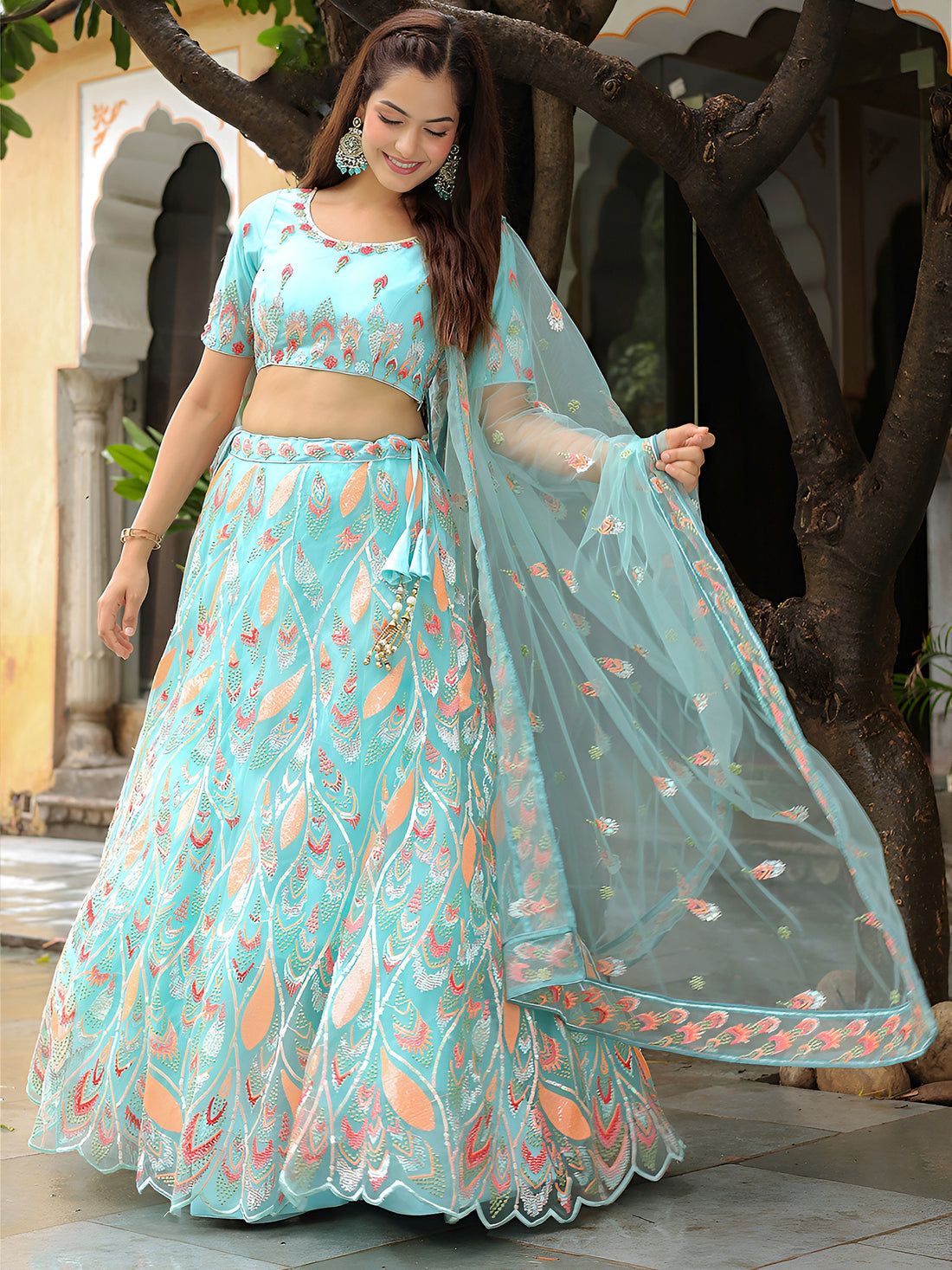 ResellerMart Designer Light Blue Lehenga with Coral and Peach Work | Lightweight Sangeet Collection