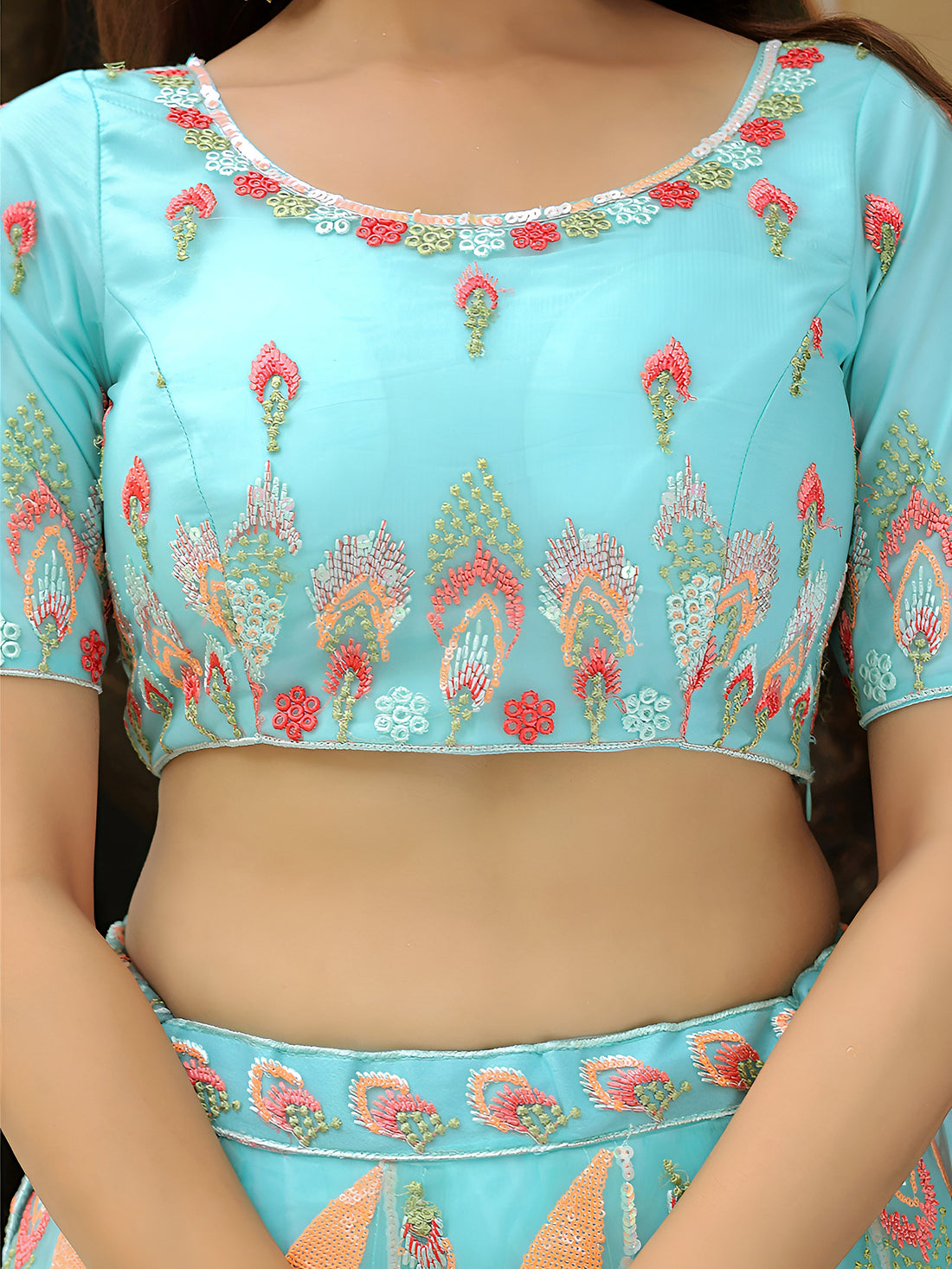 ResellerMart Designer Light Blue Lehenga with Coral and Peach Work | Lightweight Sangeet Collection