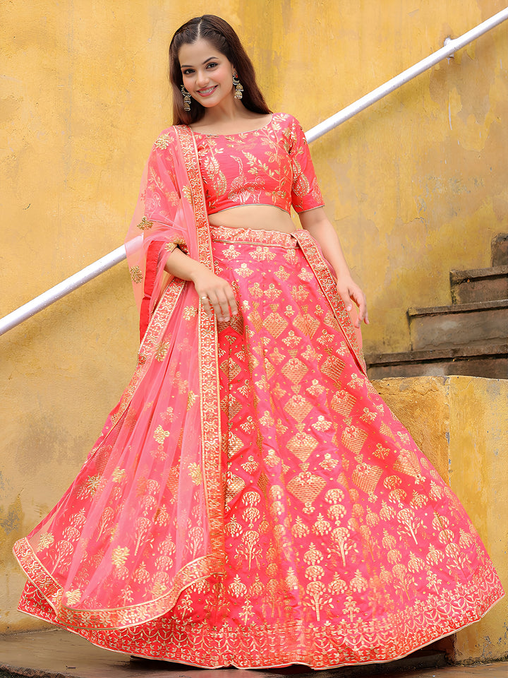 ResellerMart Best Seller Peach Georgette Lehenga with Geometric Gold Pattern | Bollywood Inspired Set