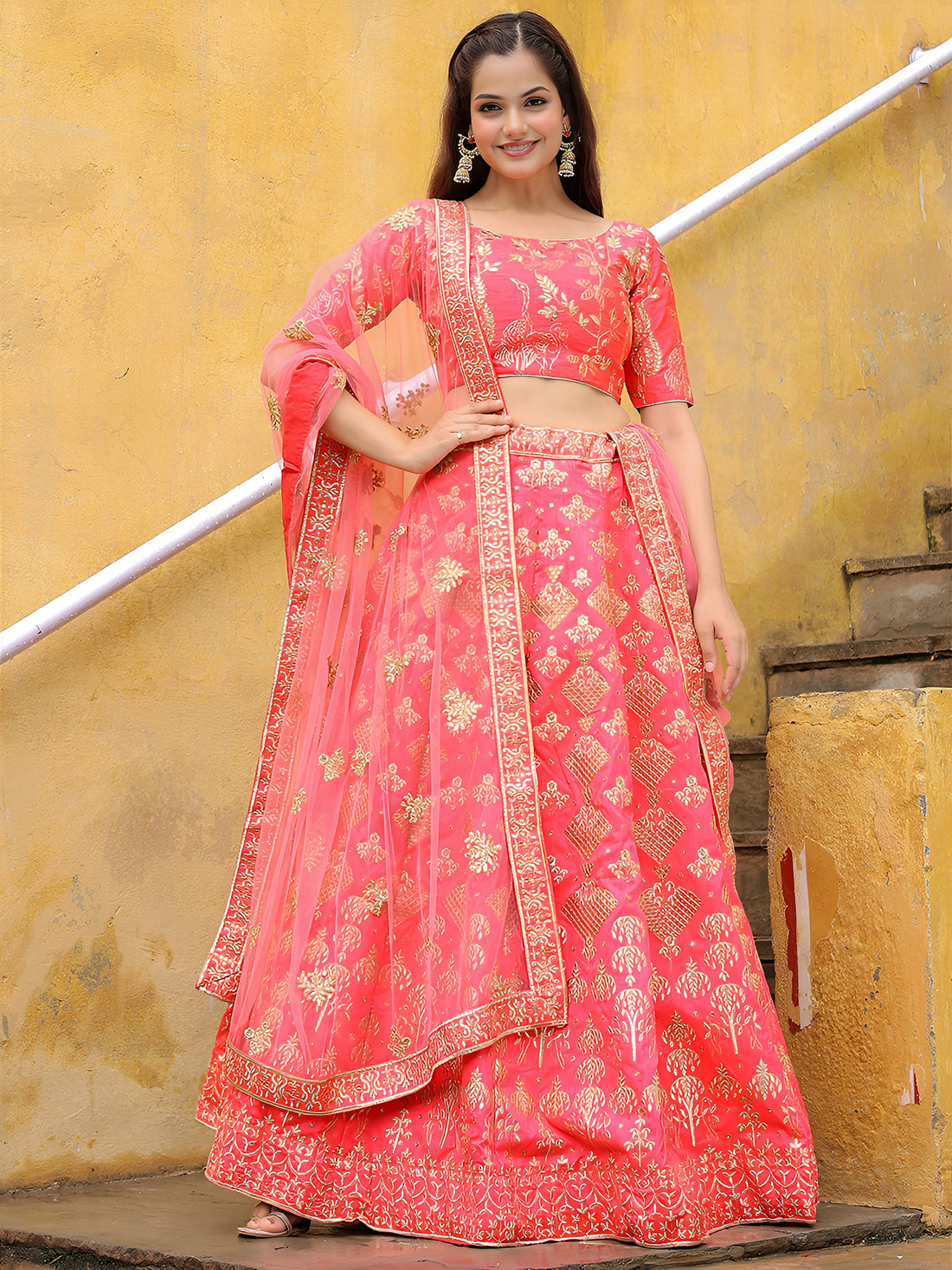 ResellerMart Best Seller Peach Georgette Lehenga with Geometric Gold Pattern | Bollywood Inspired Set