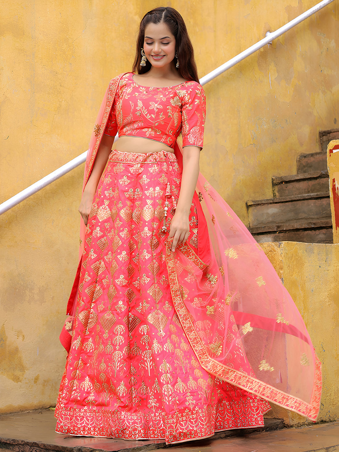 ResellerMart Best Seller Peach Georgette Lehenga with Geometric Gold Pattern | Bollywood Inspired Set