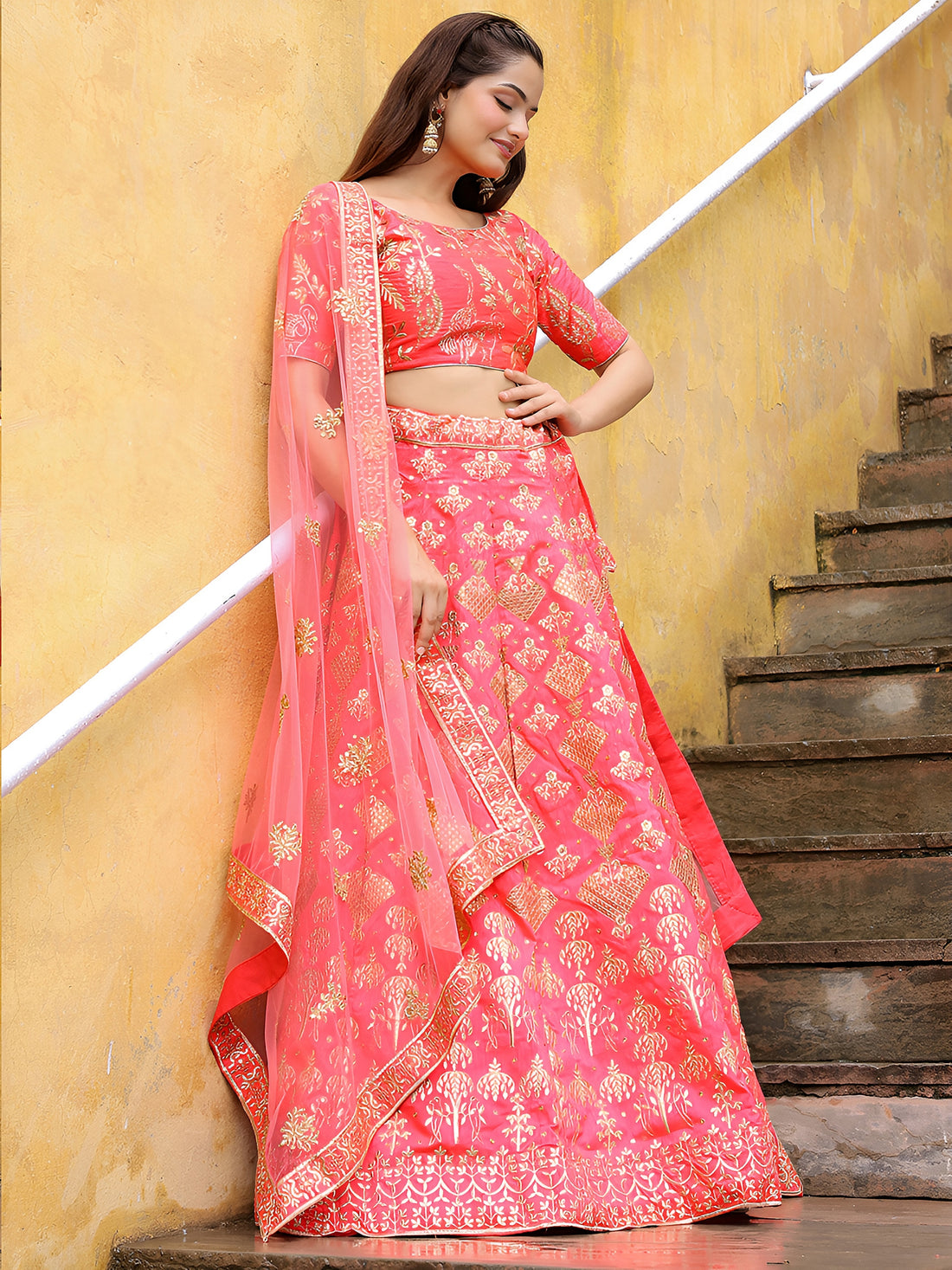 ResellerMart Best Seller Peach Georgette Lehenga with Geometric Gold Pattern | Bollywood Inspired Set