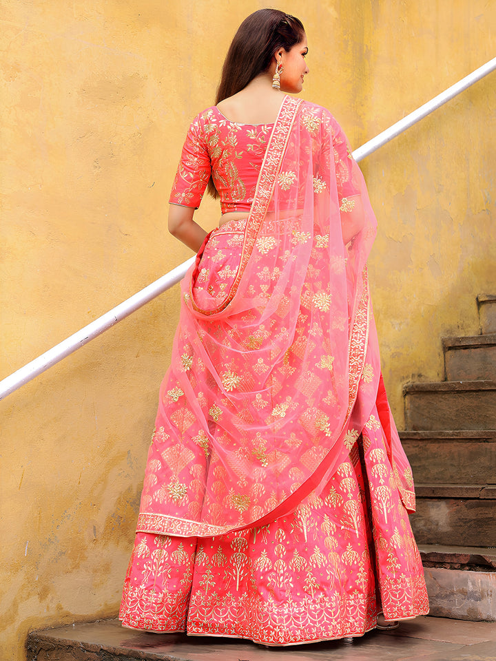 ResellerMart Best Seller Peach Georgette Lehenga with Geometric Gold Pattern | Bollywood Inspired Set