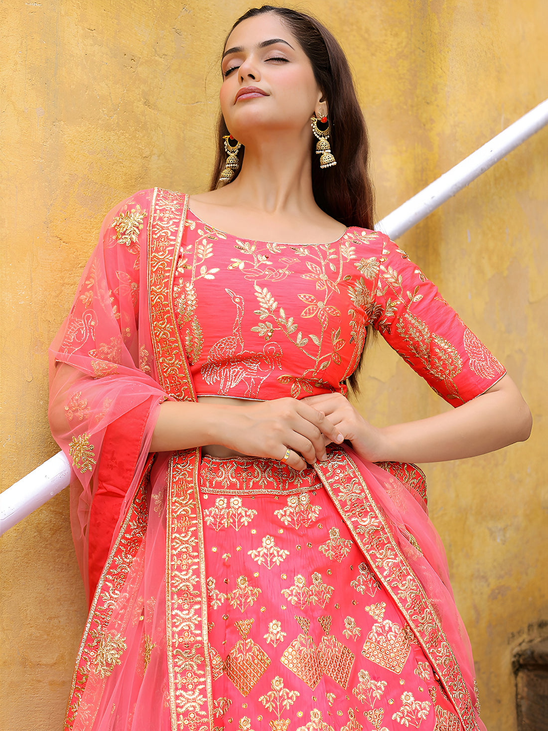 ResellerMart Best Seller Peach Georgette Lehenga with Geometric Gold Pattern | Bollywood Inspired Set