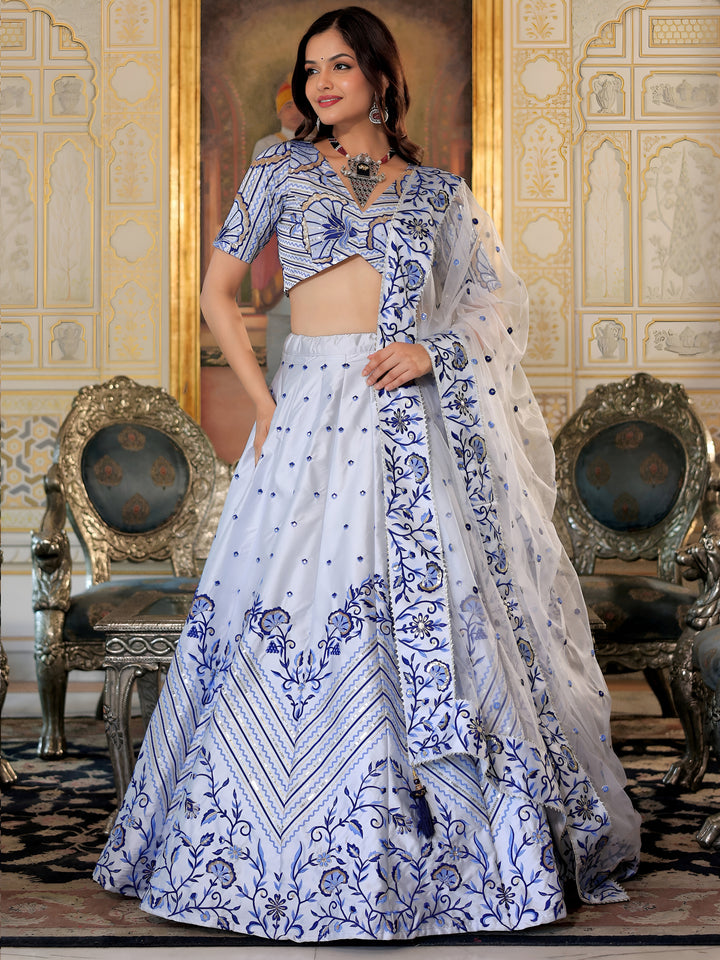 ResellerMart White Silk Lehenga with Contrast Blue Print & Embroidery Work | Latest Ethnic Collection