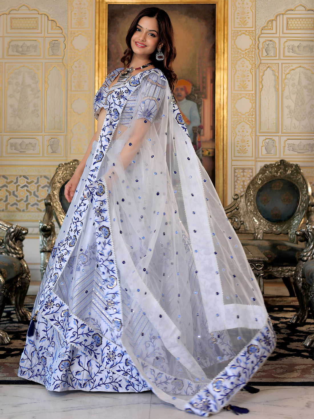 ResellerMart White Silk Lehenga with Contrast Blue Print & Embroidery Work | Latest Ethnic Collection