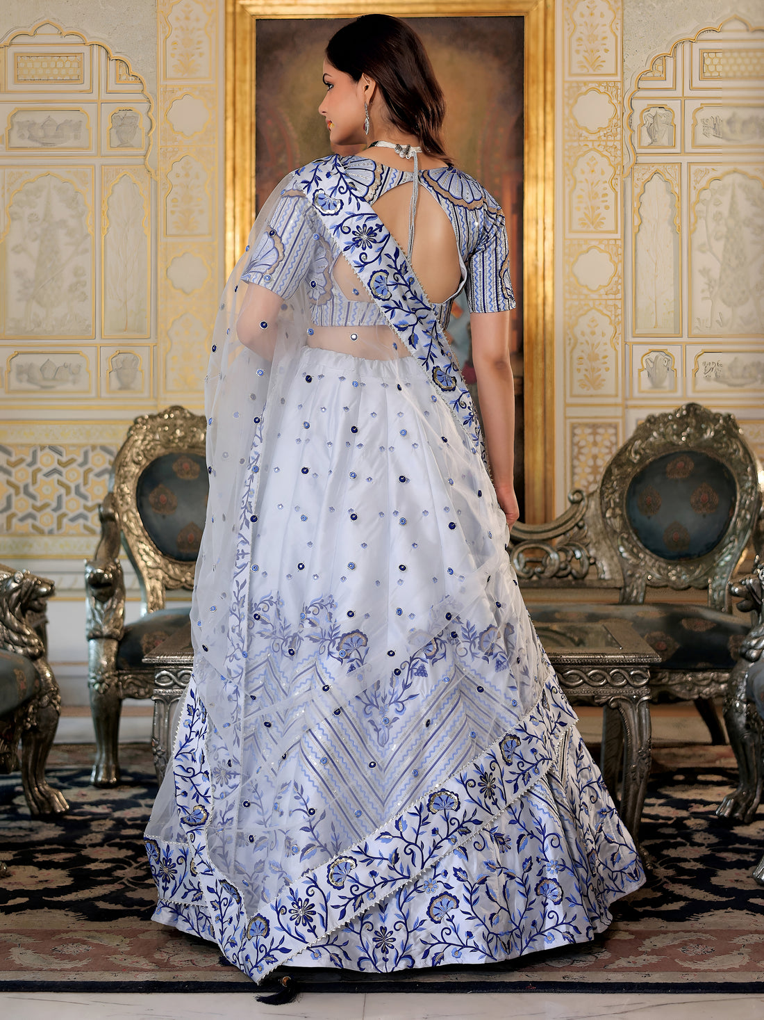 ResellerMart White Silk Lehenga with Contrast Blue Print & Embroidery Work | Latest Ethnic Collection