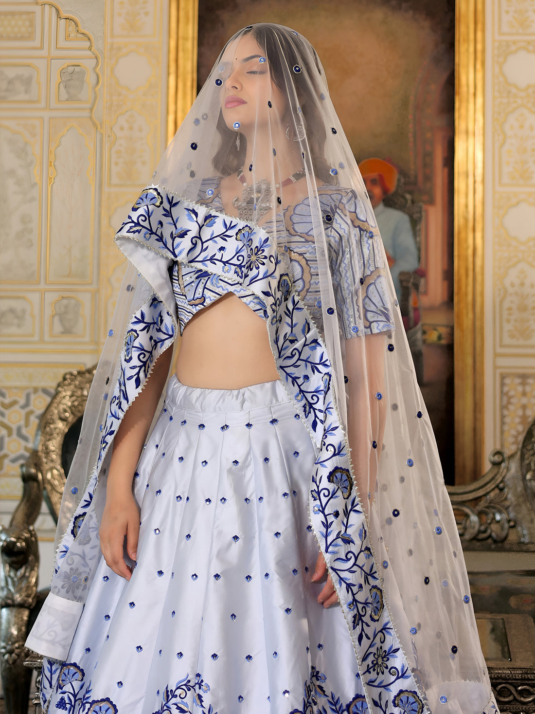 ResellerMart White Silk Lehenga with Contrast Blue Print & Embroidery Work | Latest Ethnic Collection