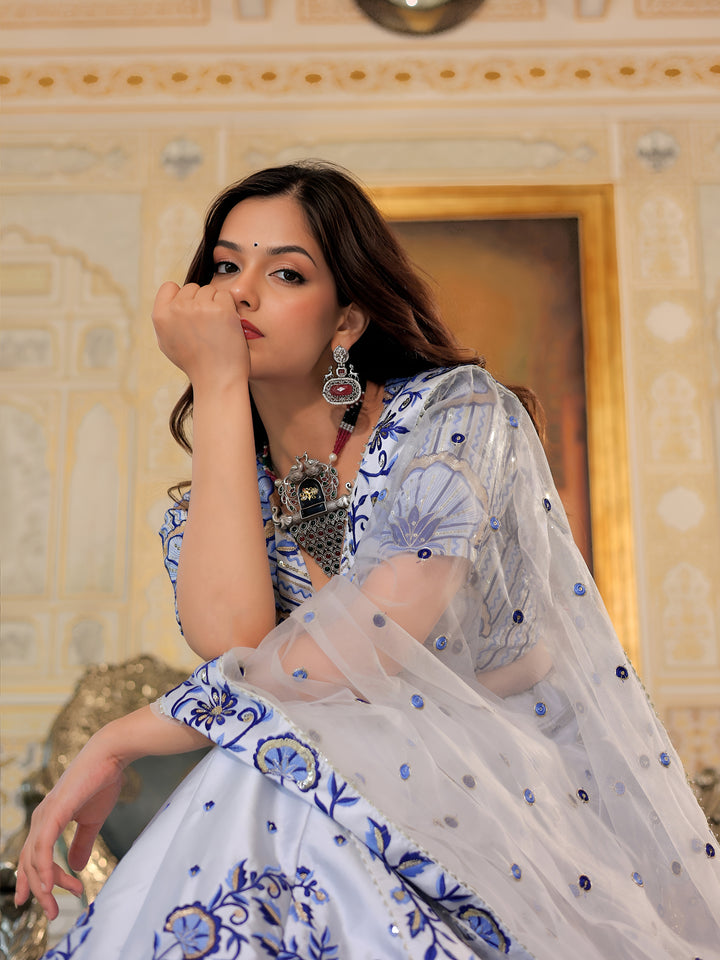 ResellerMart White Silk Lehenga with Contrast Blue Print & Embroidery Work | Latest Ethnic Collection