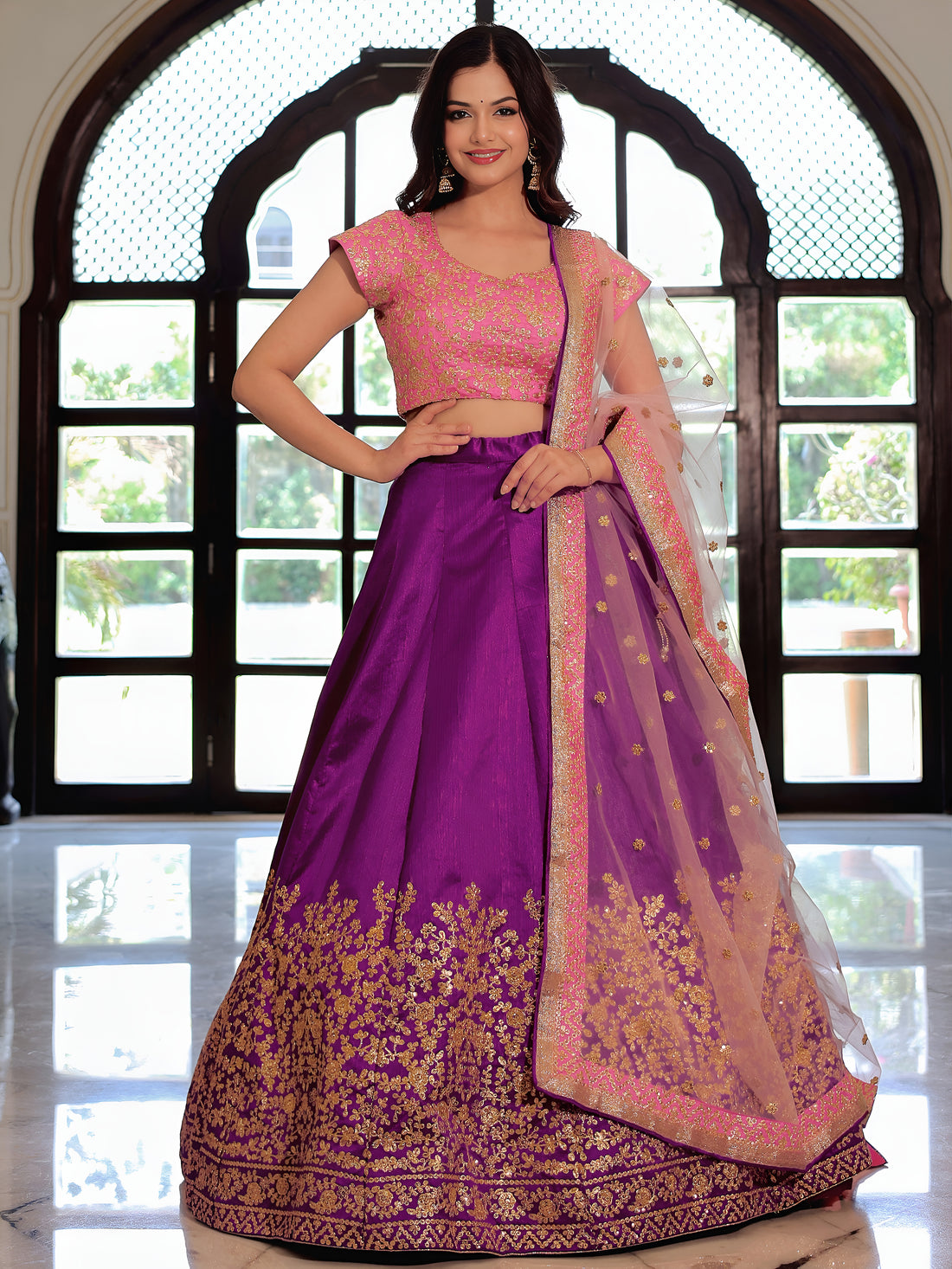 ResellerMart Designer Pink Blouse & Purple Lehenga Set | Heavy Gold Embroidery Indian Ethnic Wea