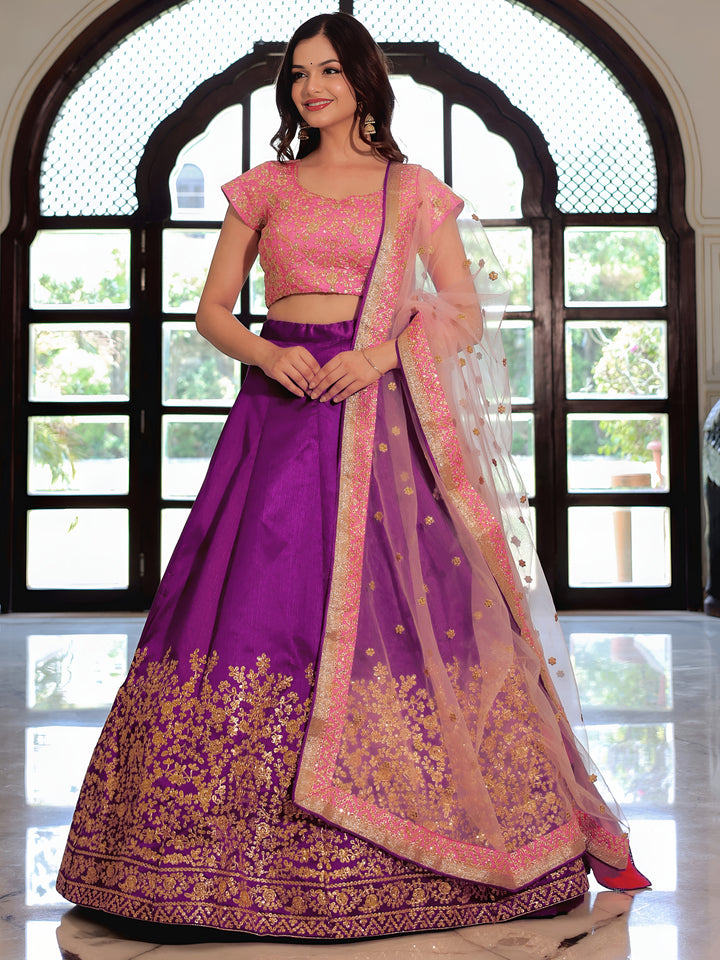 ResellerMart Designer Pink Blouse & Purple Lehenga Set | Heavy Gold Embroidery Indian Ethnic Wea