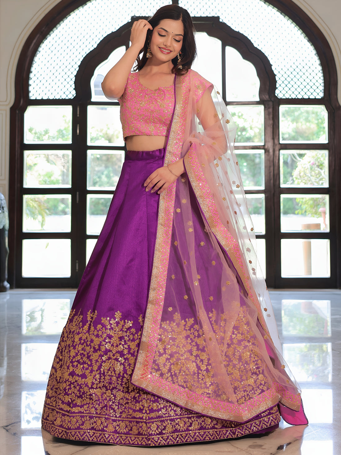 ResellerMart Designer Pink Blouse & Purple Lehenga Set | Heavy Gold Embroidery Indian Ethnic Wea