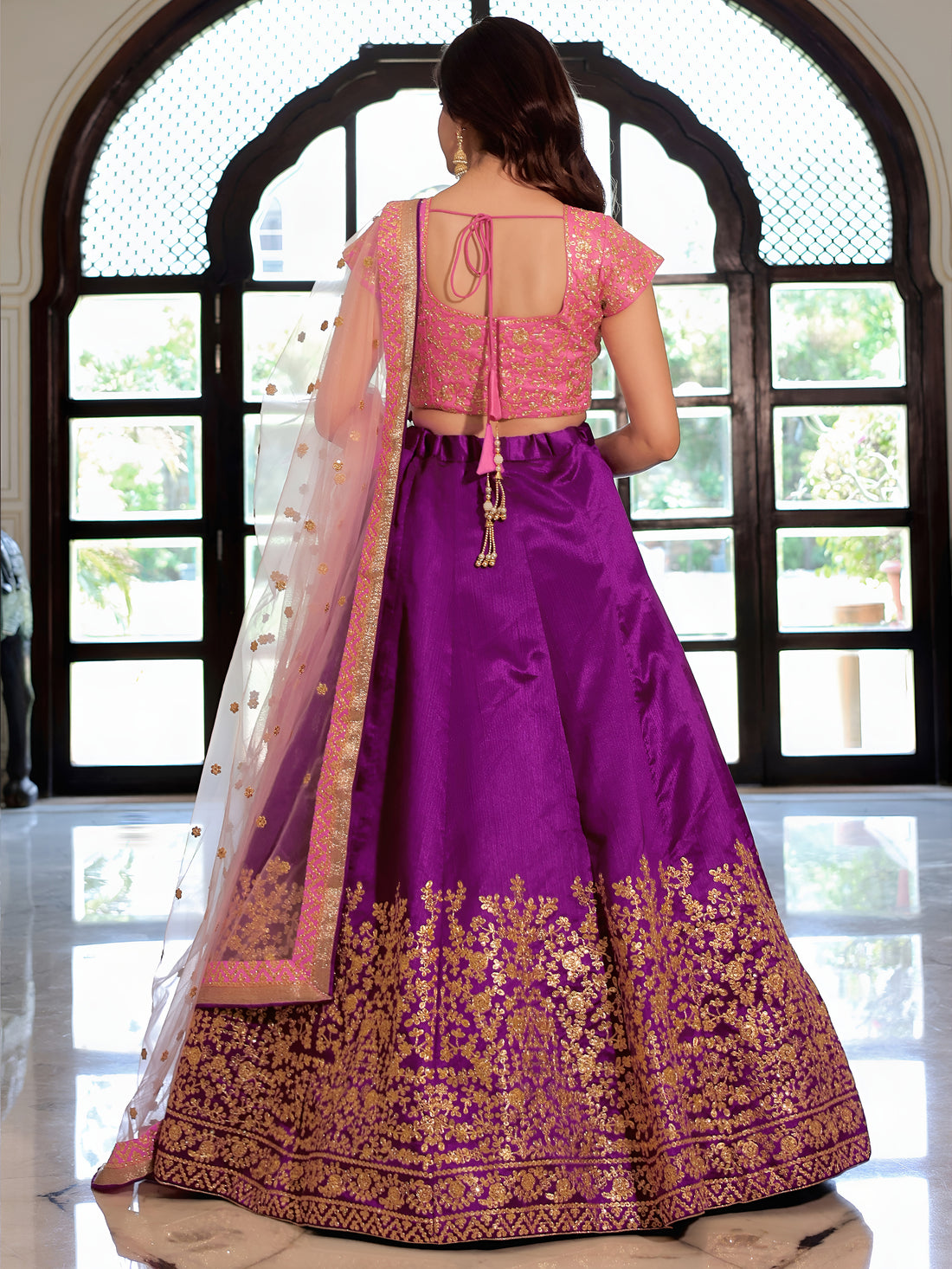ResellerMart Designer Pink Blouse & Purple Lehenga Set | Heavy Gold Embroidery Indian Ethnic Wea