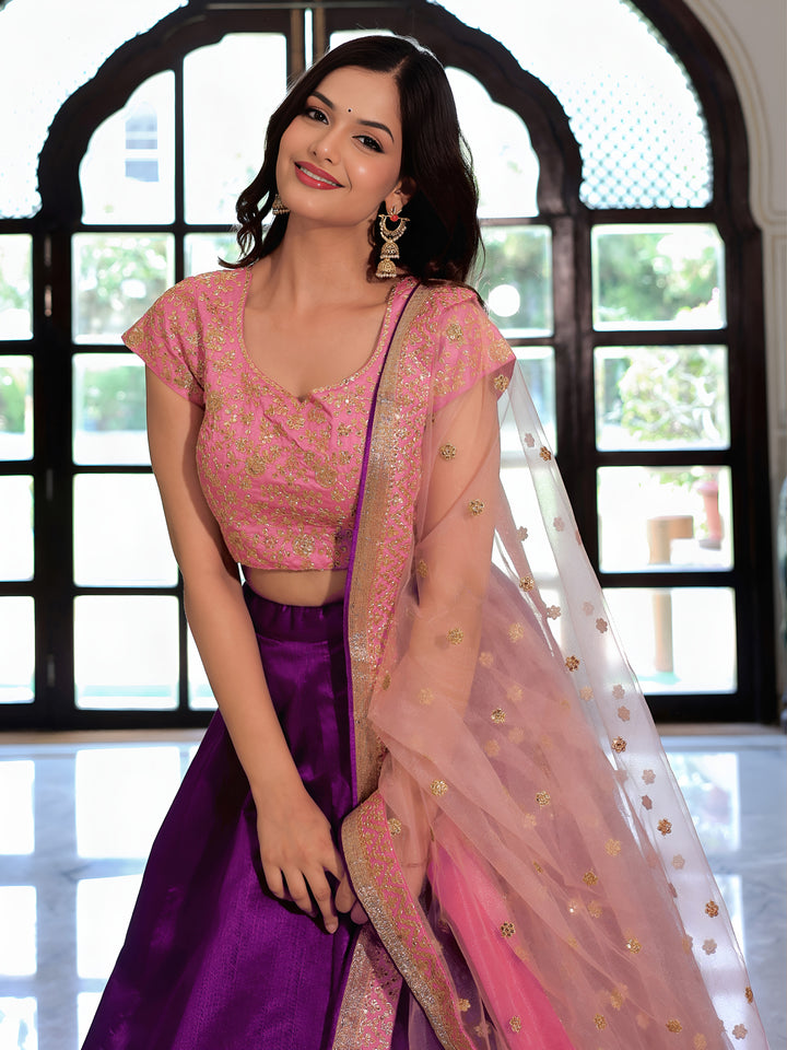 ResellerMart Designer Pink Blouse & Purple Lehenga Set | Heavy Gold Embroidery Indian Ethnic Wea