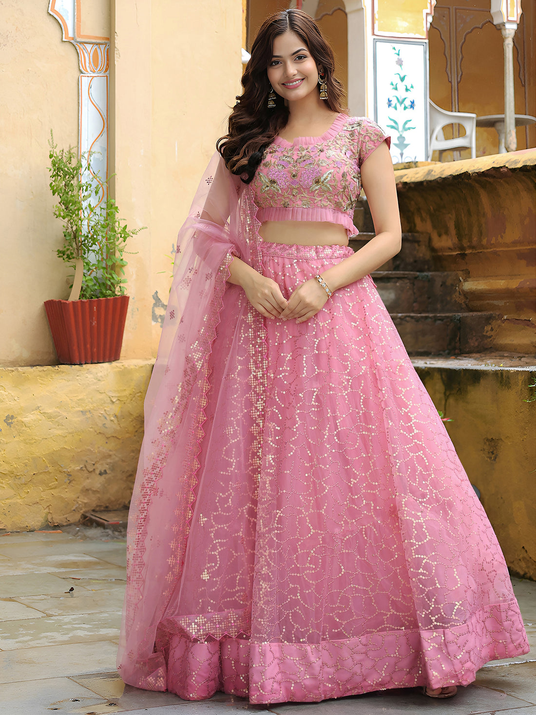 ResellerMart Pastel Pink Net Lehenga Choli with Sequin Work | Trending Sangeet & Cocktail Party Wear
