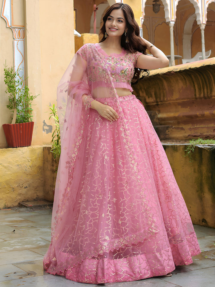ResellerMart Pastel Pink Net Lehenga Choli with Sequin Work | Trending Sangeet & Cocktail Party Wear