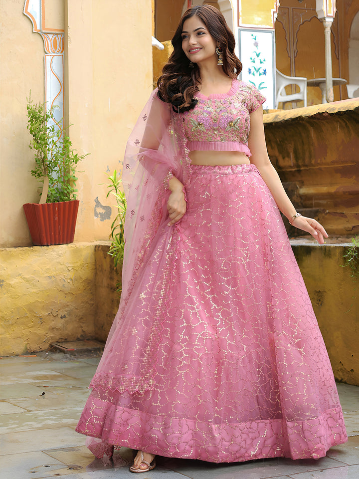 ResellerMart Pastel Pink Net Lehenga Choli with Sequin Work | Trending Sangeet & Cocktail Party Wear