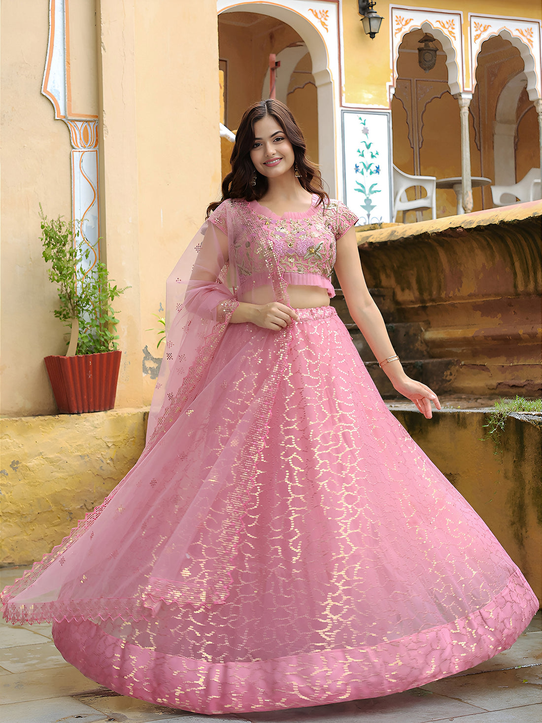 ResellerMart Pastel Pink Net Lehenga Choli with Sequin Work | Trending Sangeet & Cocktail Party Wear