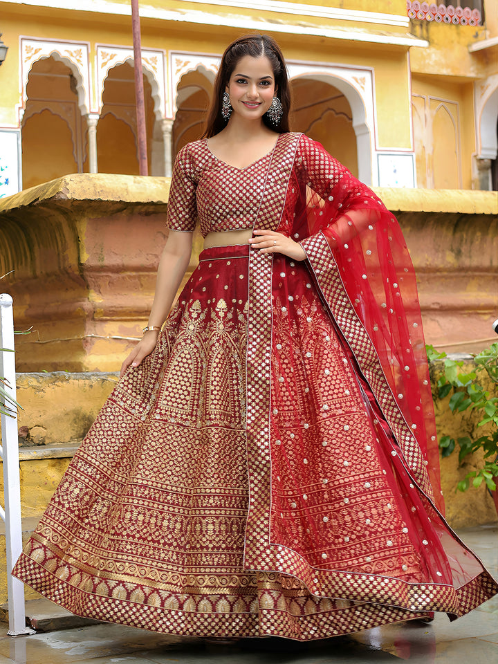 ResellerMart Luxury Maroon Georgette Lehenga Choli with Heavy Gold Work | Bridal & Festive Attire