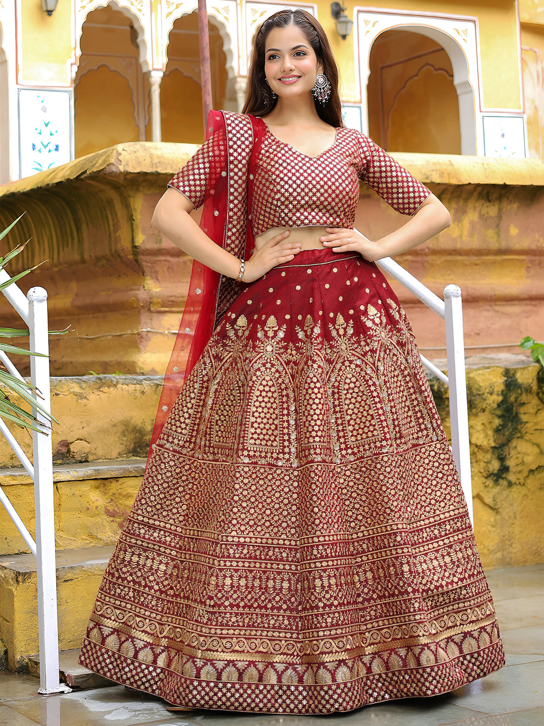 ResellerMart Luxury Maroon Georgette Lehenga Choli with Heavy Gold Work | Bridal & Festive Attire