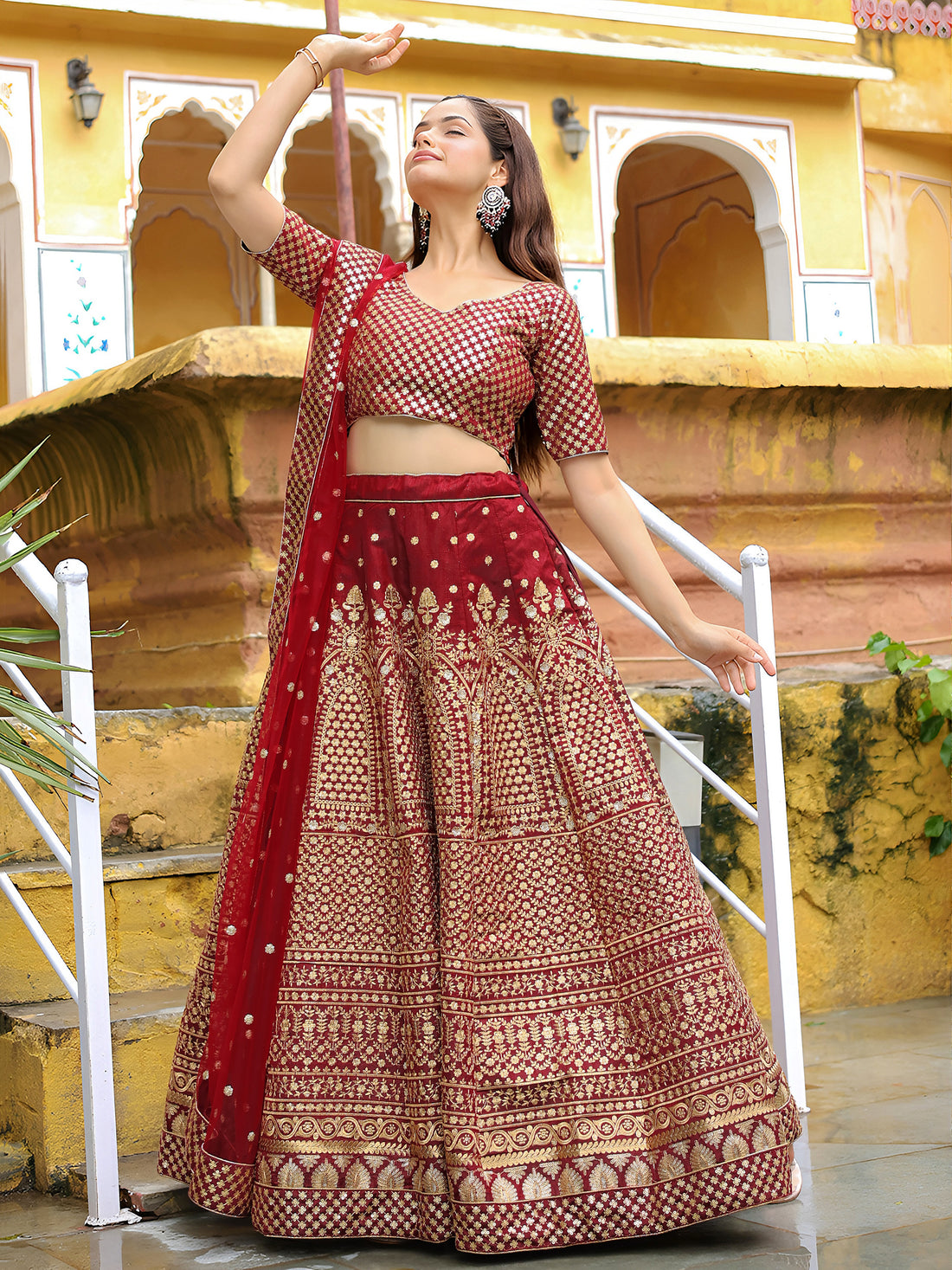 ResellerMart Luxury Maroon Georgette Lehenga Choli with Heavy Gold Work | Bridal & Festive Attire