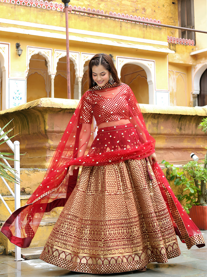 ResellerMart Luxury Maroon Georgette Lehenga Choli with Heavy Gold Work | Bridal & Festive Attire