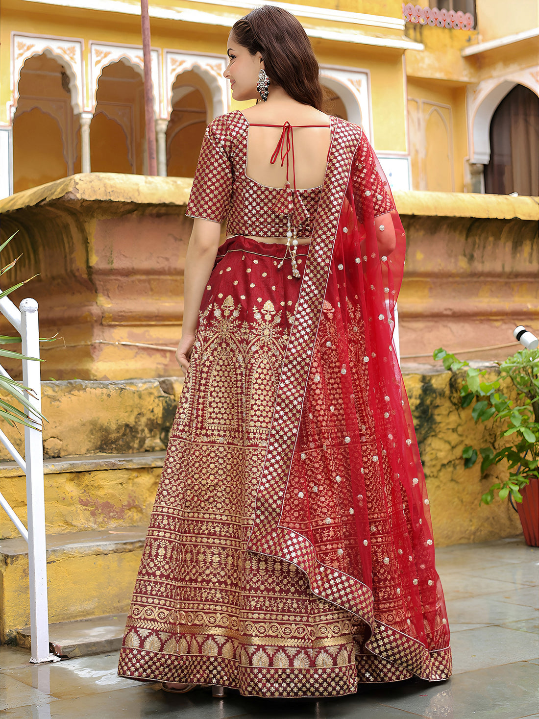 ResellerMart Luxury Maroon Georgette Lehenga Choli with Heavy Gold Work | Bridal & Festive Attire