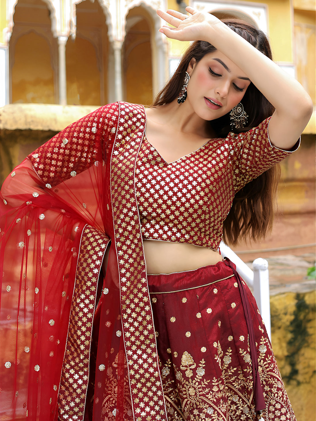 ResellerMart Luxury Maroon Georgette Lehenga Choli with Heavy Gold Work | Bridal & Festive Attire