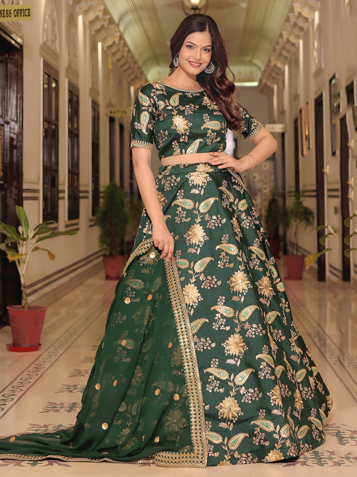 ResellerMart Emerald Green Silk Lehenga with Heavy Gold Floral Motif Embroidery | Classic Indian Wear