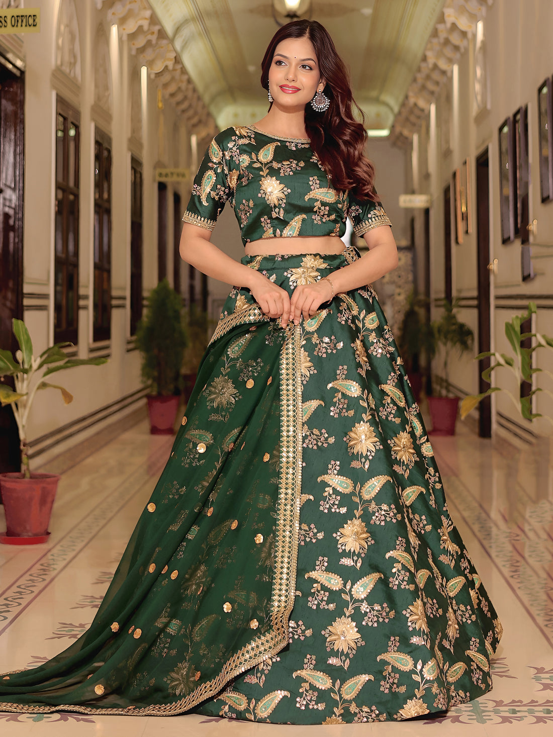 ResellerMart Emerald Green Silk Lehenga with Heavy Gold Floral Motif Embroidery | Classic Indian Wear