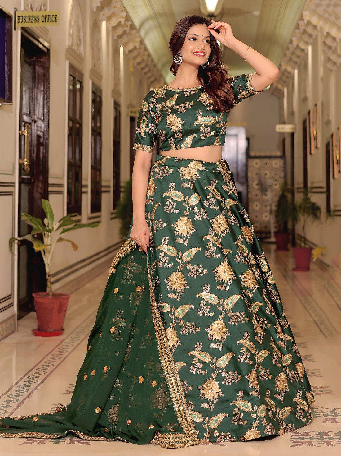 ResellerMart Emerald Green Silk Lehenga with Heavy Gold Floral Motif Embroidery | Classic Indian Wear