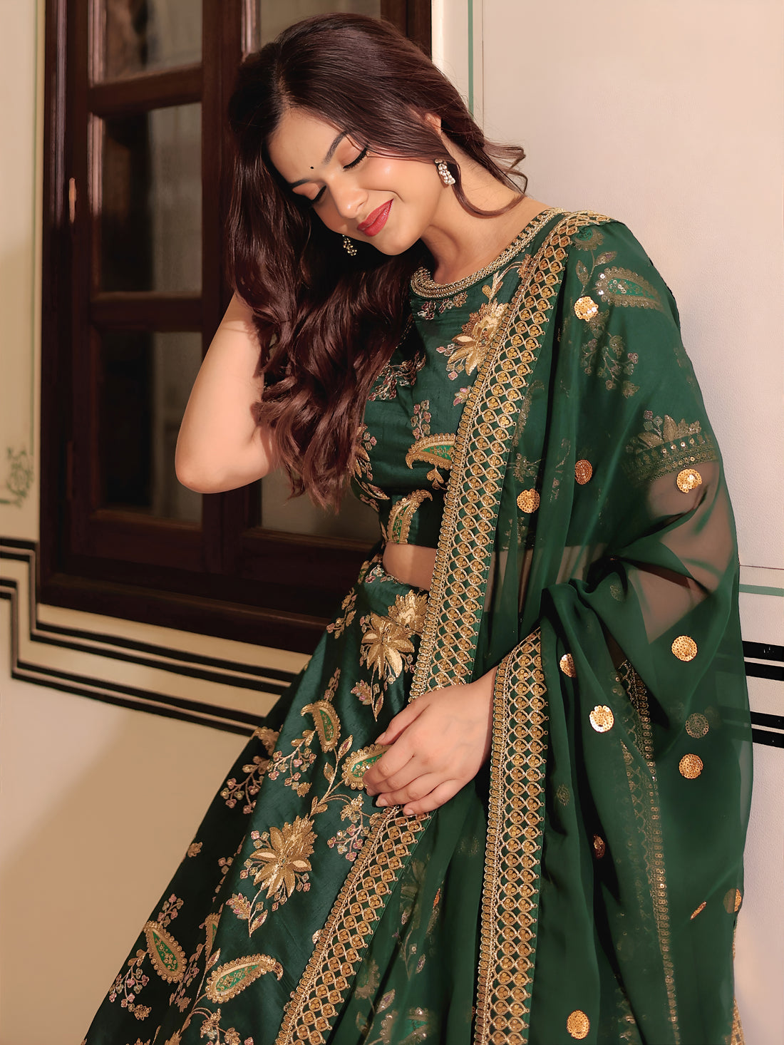 ResellerMart Emerald Green Silk Lehenga with Heavy Gold Floral Motif Embroidery | Classic Indian Wear