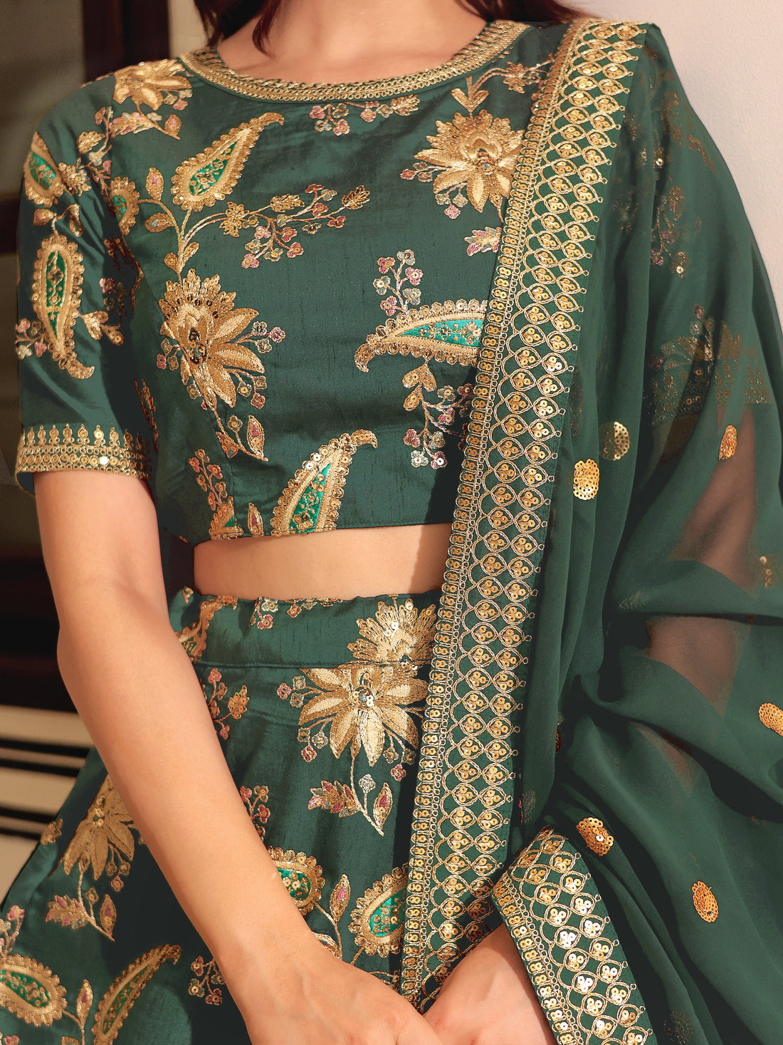 ResellerMart Emerald Green Silk Lehenga with Heavy Gold Floral Motif Embroidery | Classic Indian Wear